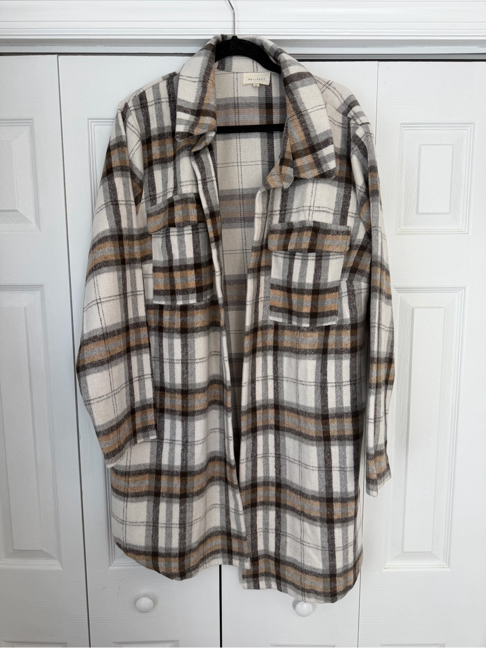 MELLODAY Plaid Shacket in Cream, Brown & Gray